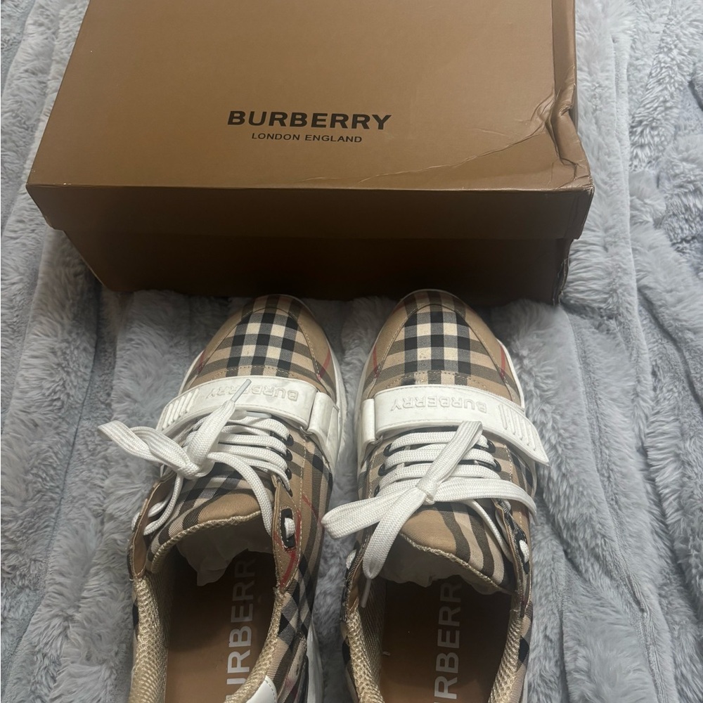 Burberry Beige and White Plaid Sneakers